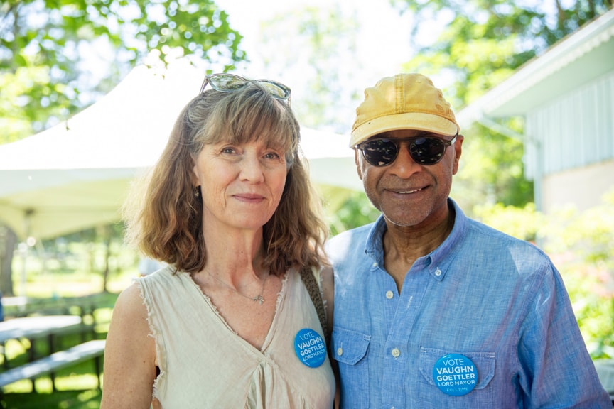 Supporters wearing Vaughn Goettler campaign buttons at the kickoff event