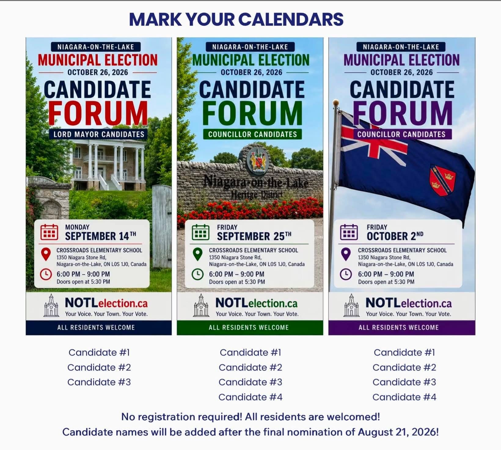 Niagara-on-the-Lake Municipal Election 2026 — Candidate Forums: September 14, September 25, and October 2 at Crossroads Elementary School