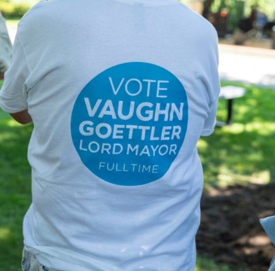 Supporter wearing a Vote Vaughn Goettler Lord Mayor t-shirt at the 2026 campaign kick-off